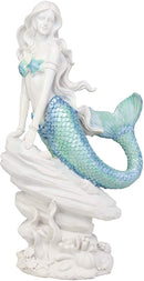 Ebros Gift Large Nautical Capiz Blue Tailed Mermaid by White Coral Rocks Statue Ocean Aquamarine Princess As Coastal Beach Under The Sea Decorative Accent (Leaning On Rocks)