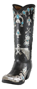 Southwestern Turquoise Silver Aztec Symbols Cowboy Boot Vase Planter Figurine