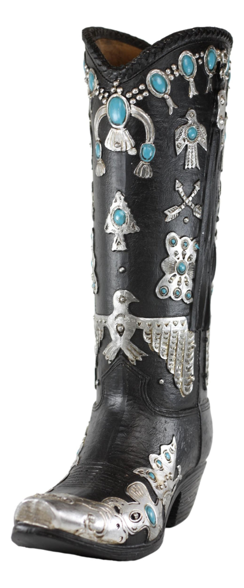 Southwestern Turquoise Silver Aztec Symbols Cowboy Boot Vase Planter Figurine