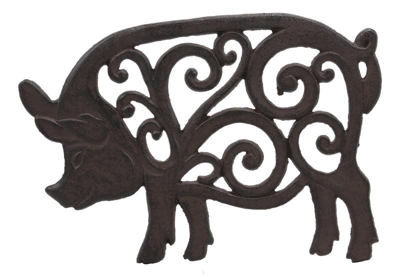 Ebros Gift 10" Long Rustic Swine Pig Babe Cast Iron Metal Trivet with Lace Scroll Art Design Western Country Farm Ranch Vintage Decorative Accent for Wall Or Table Furniture