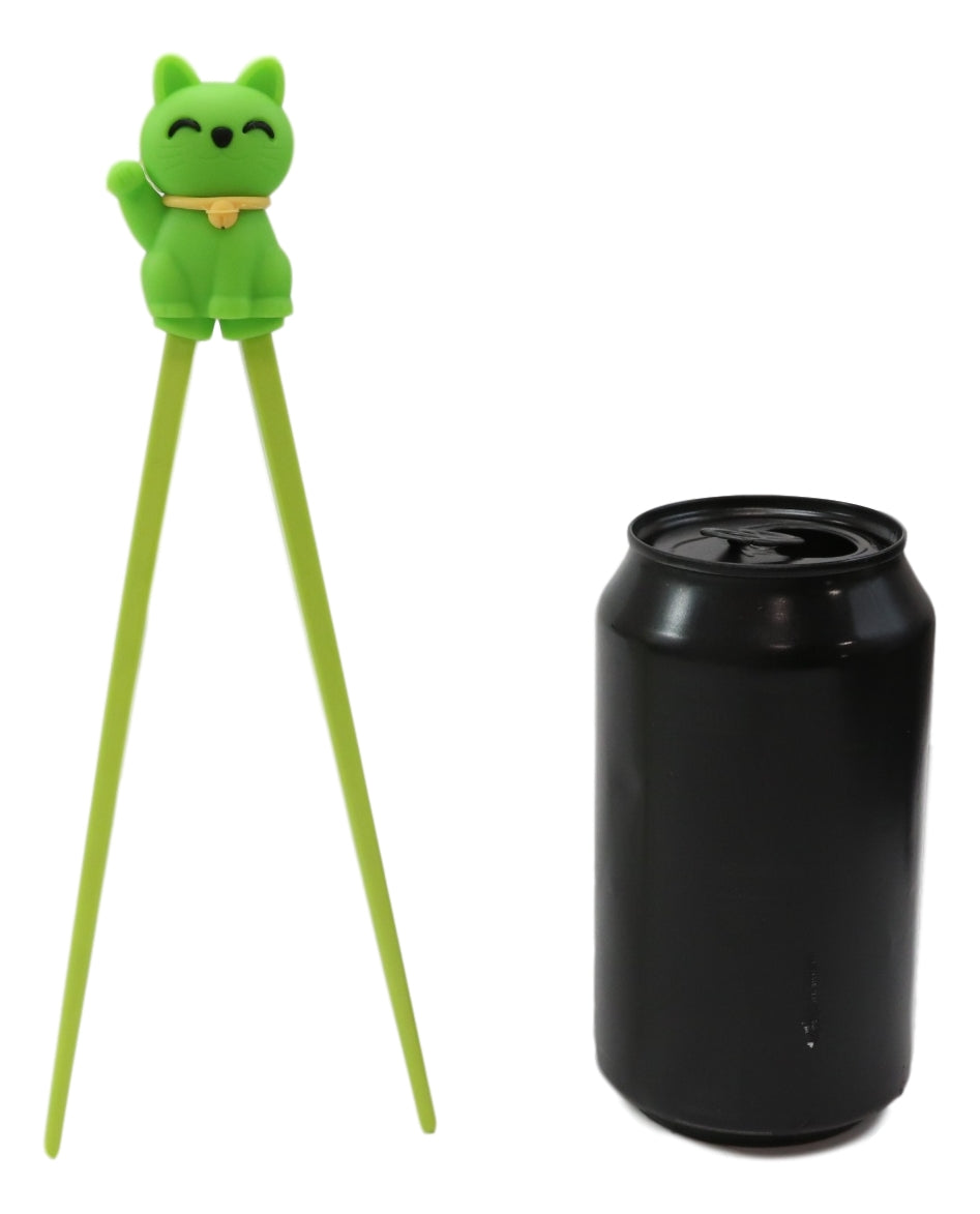 Green Maneki Neko Lucky Cat Reusable Training Chopsticks Set W/ Silicone Helper - Ebros Gift