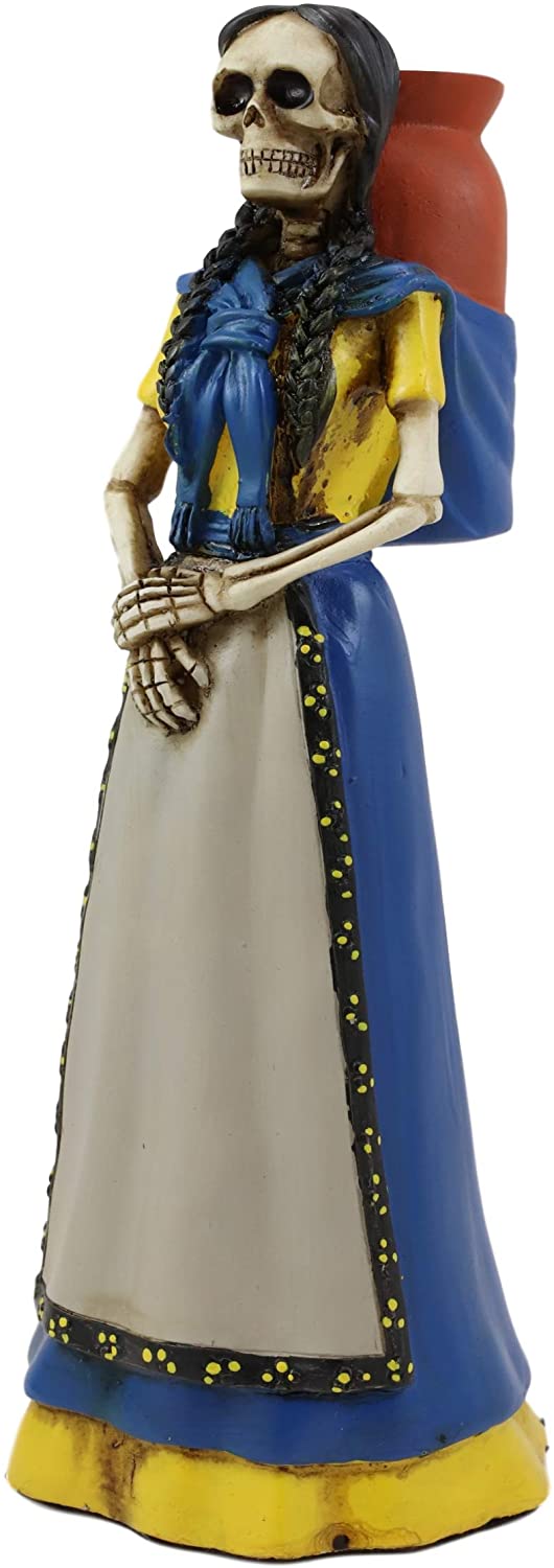 Ebros Day of The Dead Lady Skeleton Carrying Jarrito Clay Pot Statue 7.75" Tall