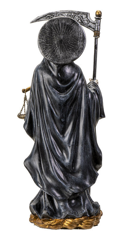 Standing Black Santa Muerte With Scythe Scales of Justice And Wise Owl Figurine