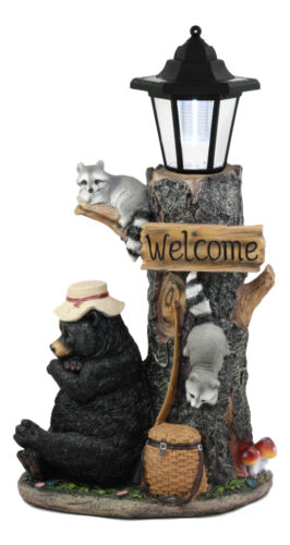 Summer Naps Lazy Bear With Raccoon Friends Welcome Sign Statue With Solar Light