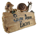 Helix Shell Snail By Mushrooms On Trunk Log With Slow Down Enjoy Sign Figurine