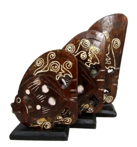 Balinese Wood Handicrafts Tropical River Angel Fish Family Set of 3 Figurines