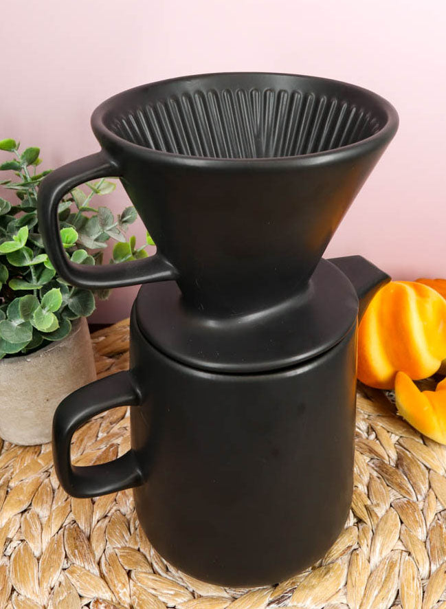 Black Porcelain Coffee Maker Carafe Pot With Pour Over Dripper Filter Cup Set