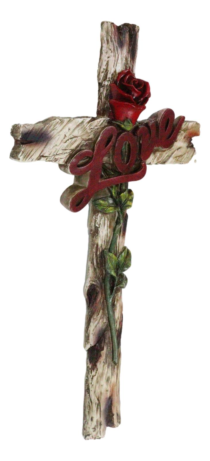 Rustic Western Faux Wooden Inspirational Love With Red Rose Stalk Wall Cross