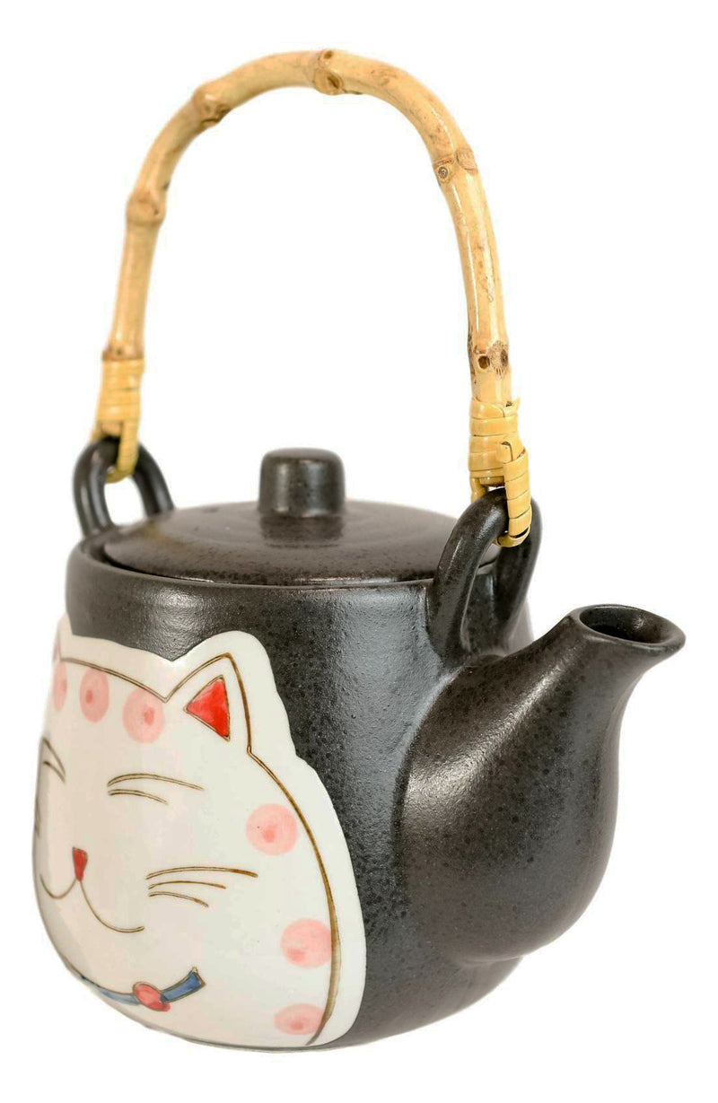 Japanese Maneki Neko Lucky Cat Ceramic Charcoal Black 20oz Tea Pot & 4 Cups Set