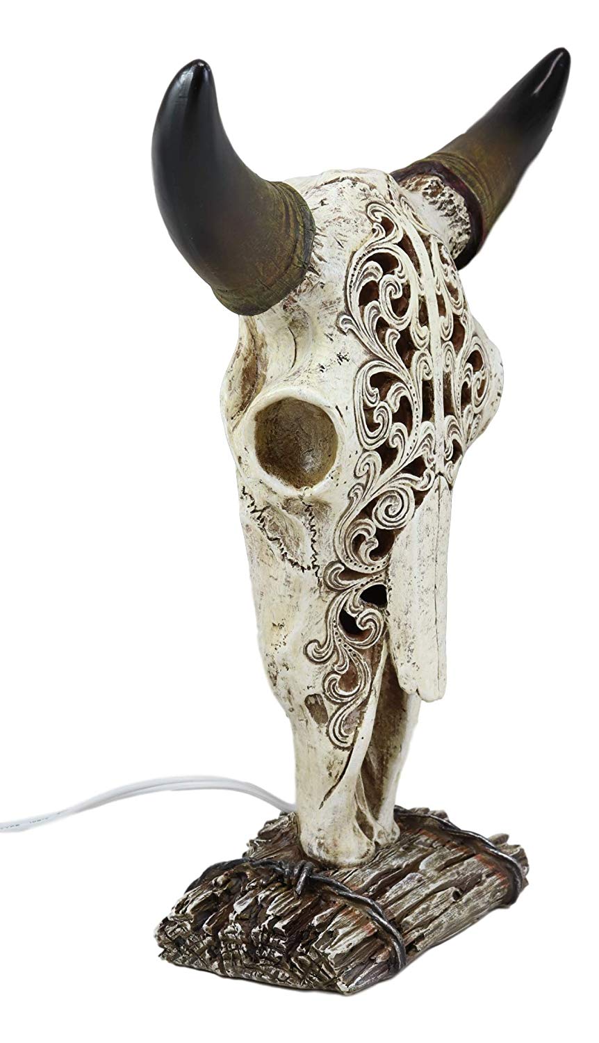 Ebros 12.5" Tall Southwest Aged Bone Tooled Filigree Lace Design Steer Bison Buffalo Bull Cow Horned Skull Head Night Light Lamp Centerpiece Side Table Decor Statue Skulls Western Accent Lighting - Ebros Gift
