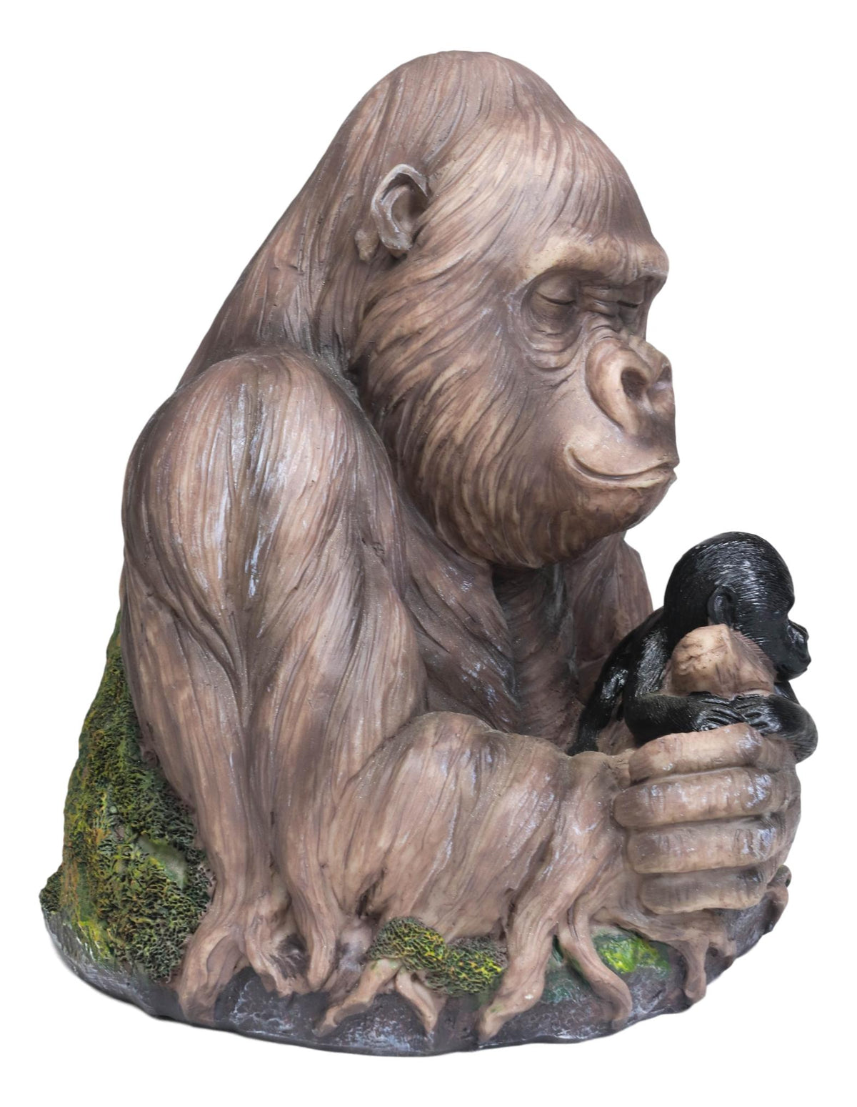 Tropical Rainforest Western Silverback Gorilla Cradling Baby Faux Wood Statue - Ebros Gift