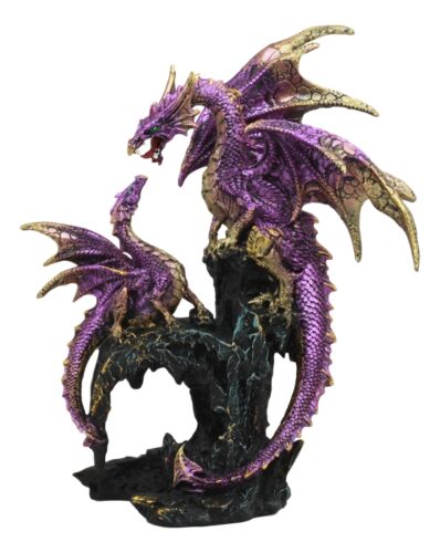 Metallic Purple Mother Dragon With Baby Family Statue 10.5"H Fantasy Home Decor - Ebros Gift