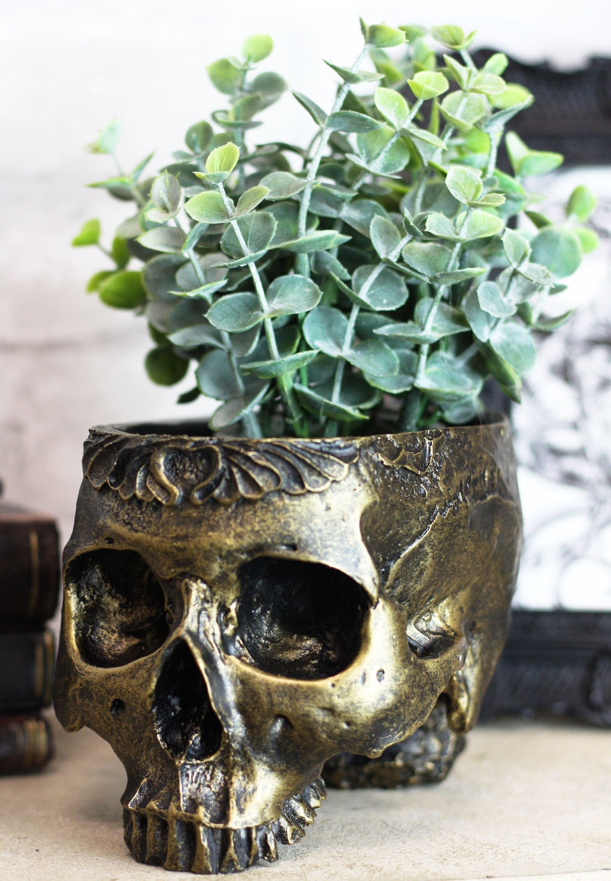 Ebros Day Of The Dead Barocco Floral Scroll Half Skull Planter Decor Bowl Figurine
