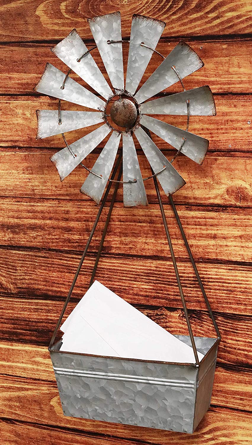 Vintage Galvanized Metal Windmill Wall Hanging Basket Planter Mail Hol ...