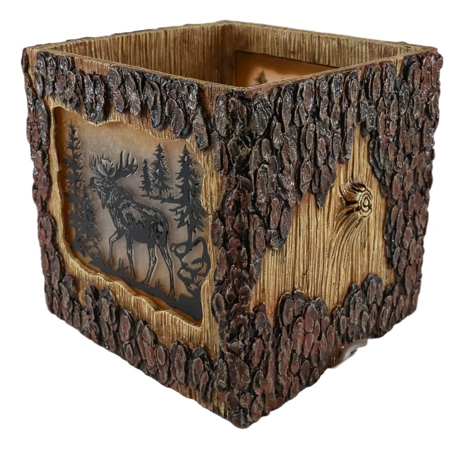 Rustic Pine Forest Elk Moose Faux Carved Wood Bark Night Light Lamp Sculpture
