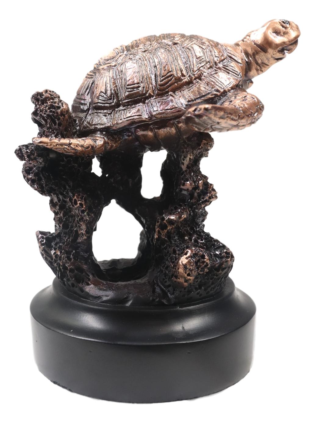 Marine Sea Turtle Swimming By Coral Reef Electroplated Bronze Resin Figurine - Ebros Gift