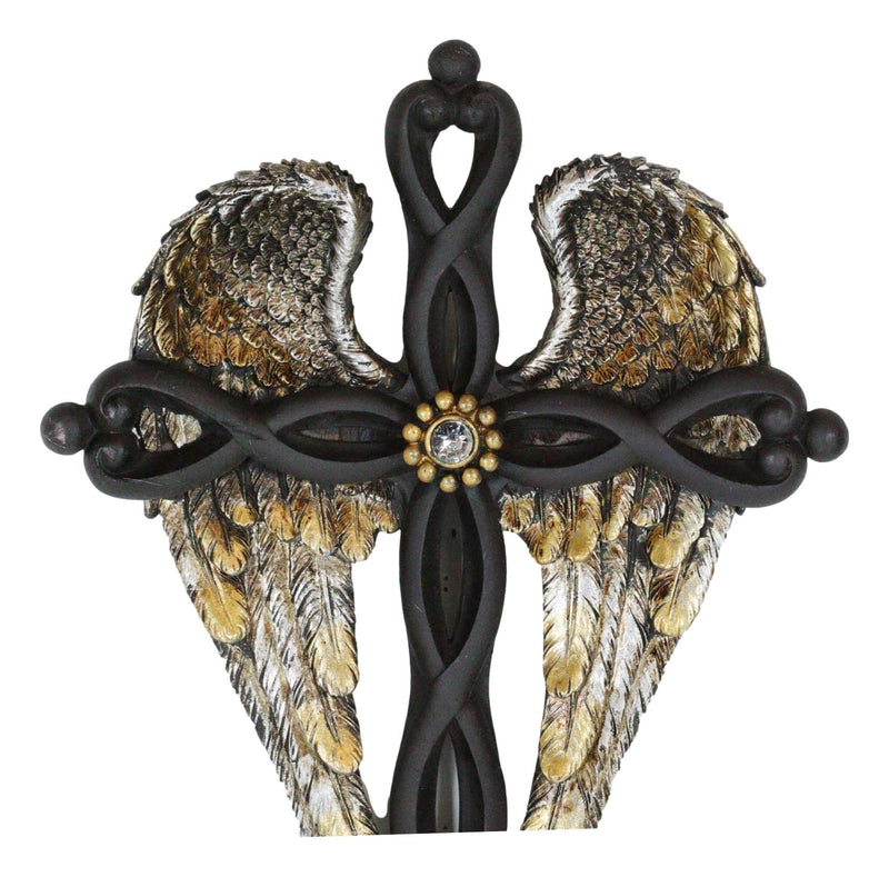 Inspirational Golden Angel Wings with Black Twisted Knotwork Wall Cross Plaque