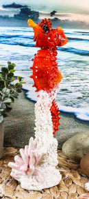 Ebros Ocean Marine Sea Life Red Seahorse Swimming Over Coral Reef Statue 9"H