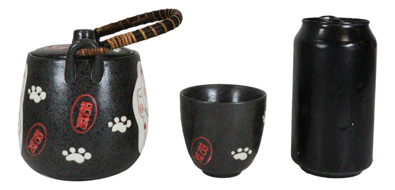 Ebros Japanese Maneki Neko Cat Black Tea Set Pot and Cups Serves 4 Ceramic Decor