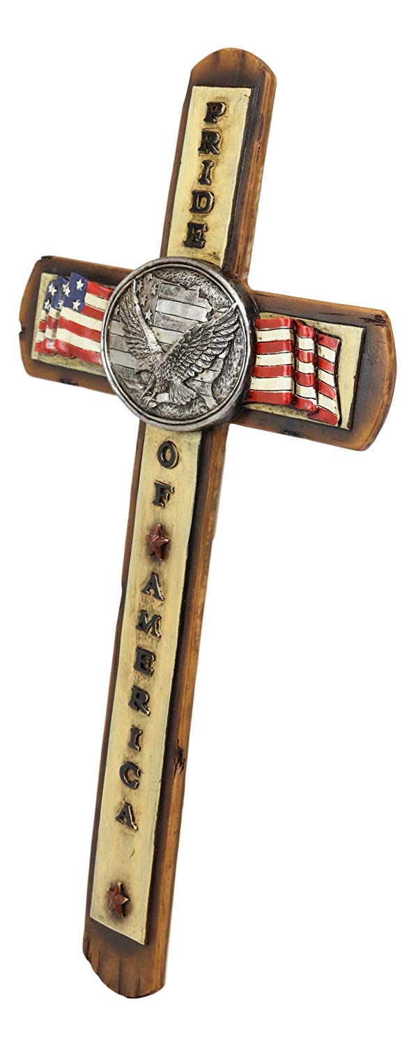 Ebros Gift Rustic Western Patriotic USA Flag With Silver Bald Eagle Emblem Pride Of America Wall Cross Decor Plaque Hanging Sculpture In Faux Wood 13.75"H Accent Decorative Crosses