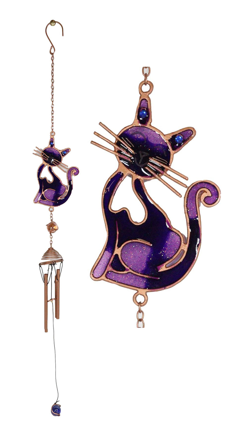 Stained Glass Feline Love Purple Slinky Cat Wind Chime Suncatcher Garden Patio