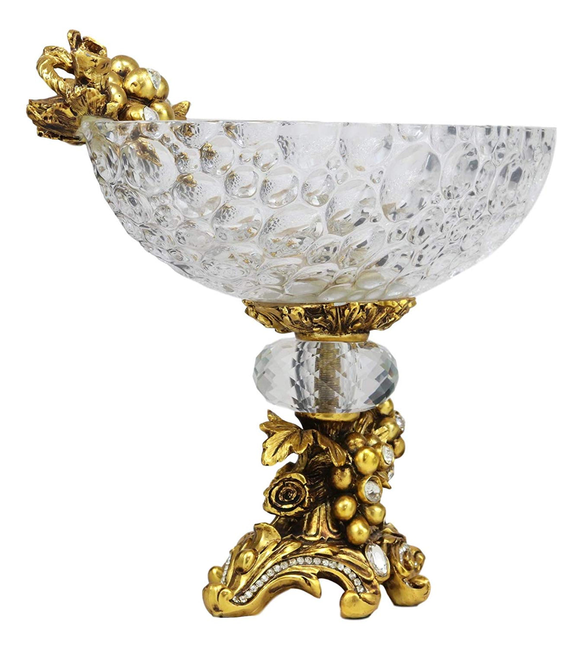 Ebros Gift Vintage Antique Baroque Design Oval Bowl Acrylic Glass Dish 11" Wide Dessert Fruits Footed Platter Stand with Electroplated Gold Vineyard Base Sculpture and Austrian Crystals Centerpiece - Ebros Gift