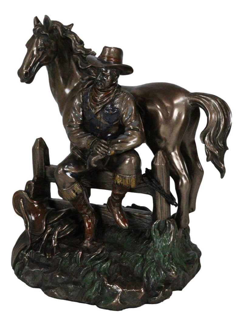 Rustic Western Desert Tranquility Cowboy Sitting By Fence And Horse Figurine