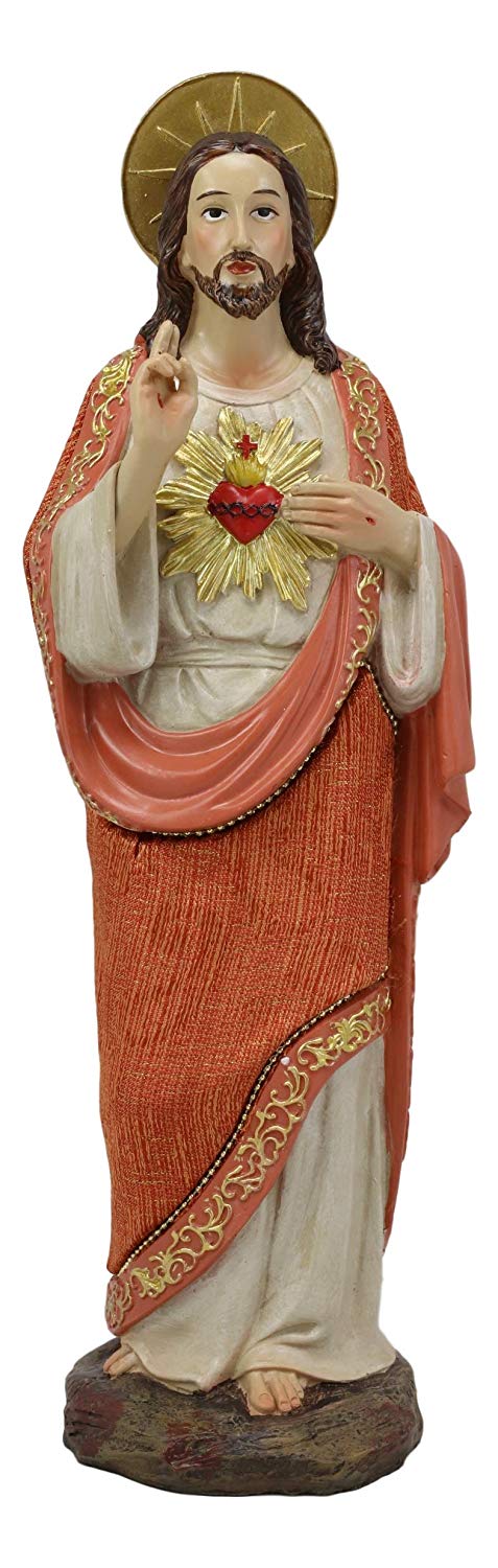 Ebros Colorful Hand Painted Sacred Heart of Jesus Devotional Statue in Linen Fabric Garment 12" H Roman Catholic Christus Christ The Savior Passion for Mankind Devotion Altar Figurine