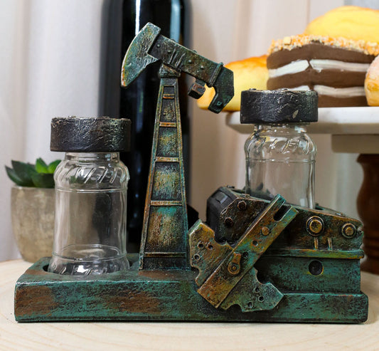 Rustic Vintage Oil Derrick Rig Pump Glass Salt And Pepper Shakers Holder Decor - Ebros Gift