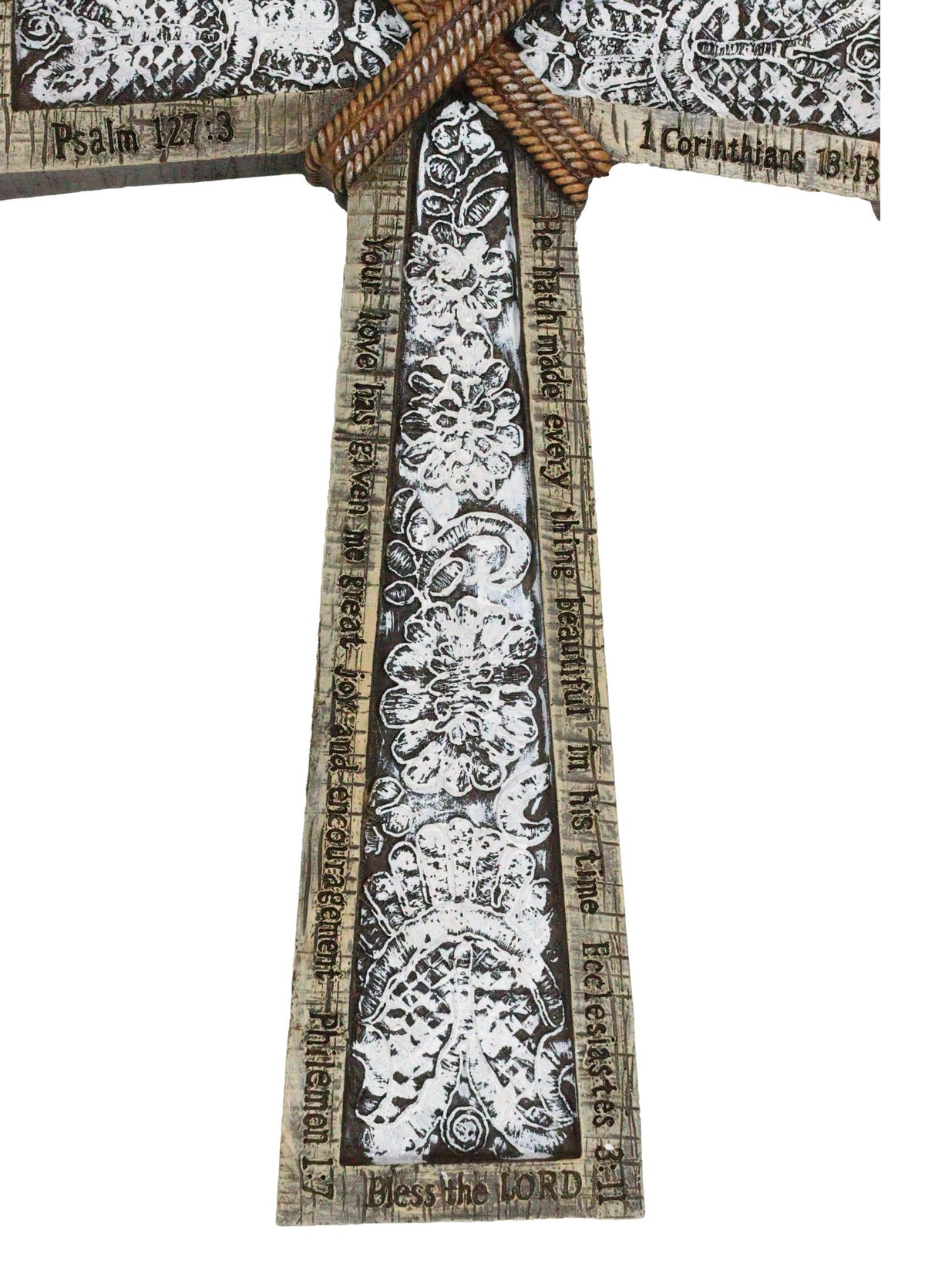 Rustic Holy Bible Scriptures Ornate White Lace Stencil Antiqued Wall Cross