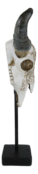 Rustic Tooled Floral Lace Bull Cow Steer Head Skull Sculpture On Pole Display