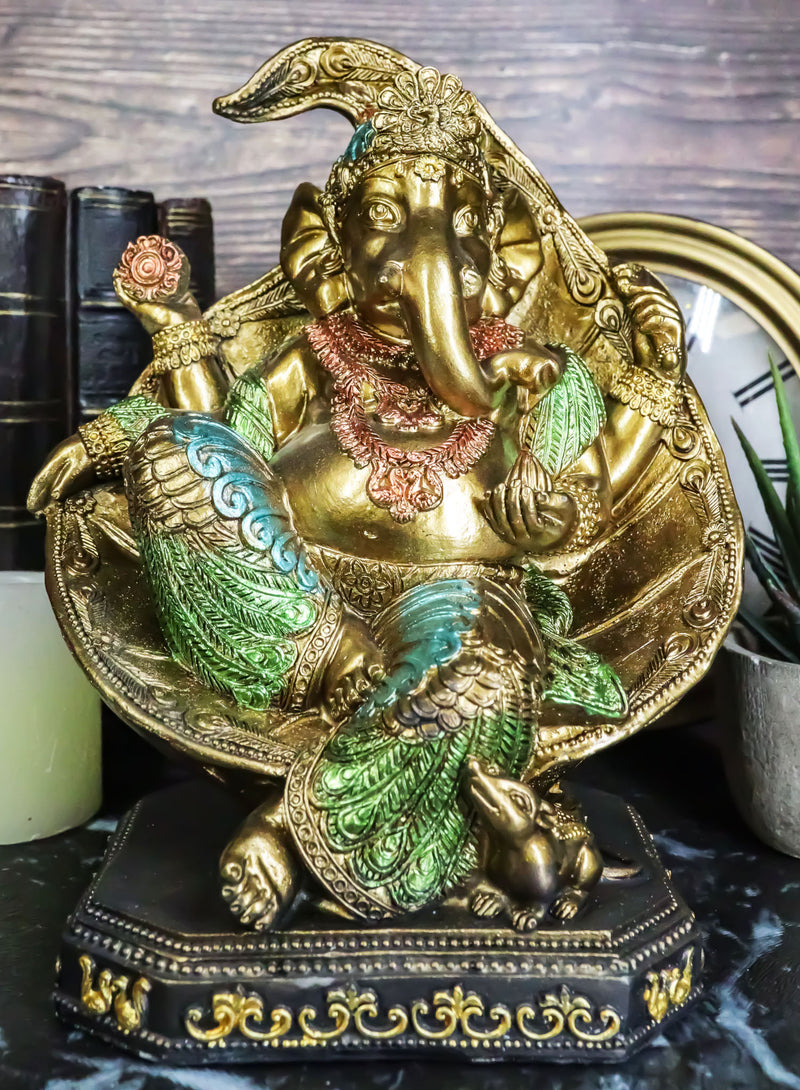 Vastu Hindu God Ganesha Wearing Peacock Train Seated On Peepal Leaf Figurine