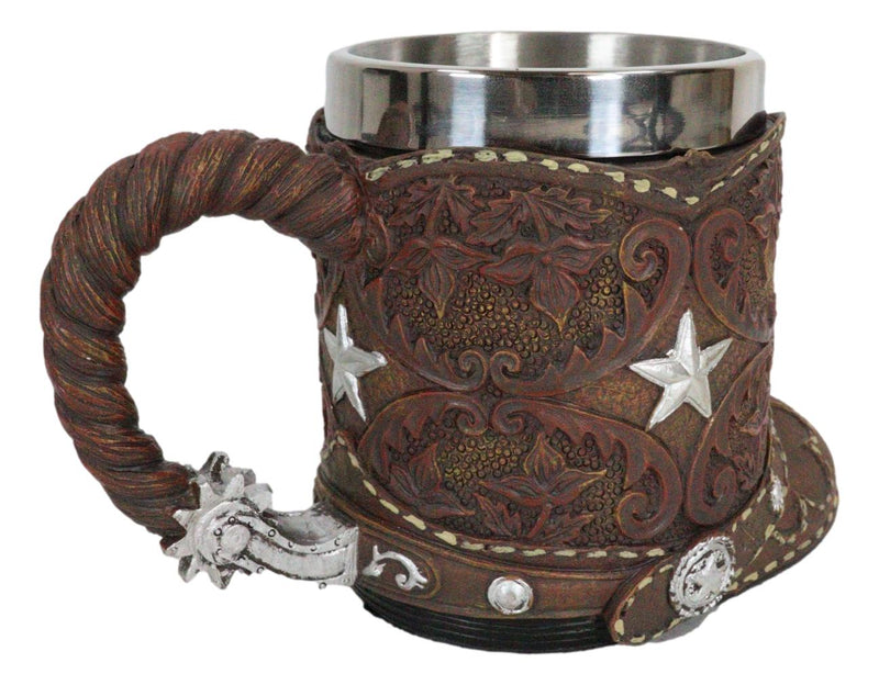 Rustic Western Cowboy Boot W/ Lone Star And Spur Faux Tooled Leather Coffee Mug