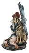 Large Blue Tribal Huntress Wildling Fairy Embracing Alpha Direwolf Statue 13.5"H