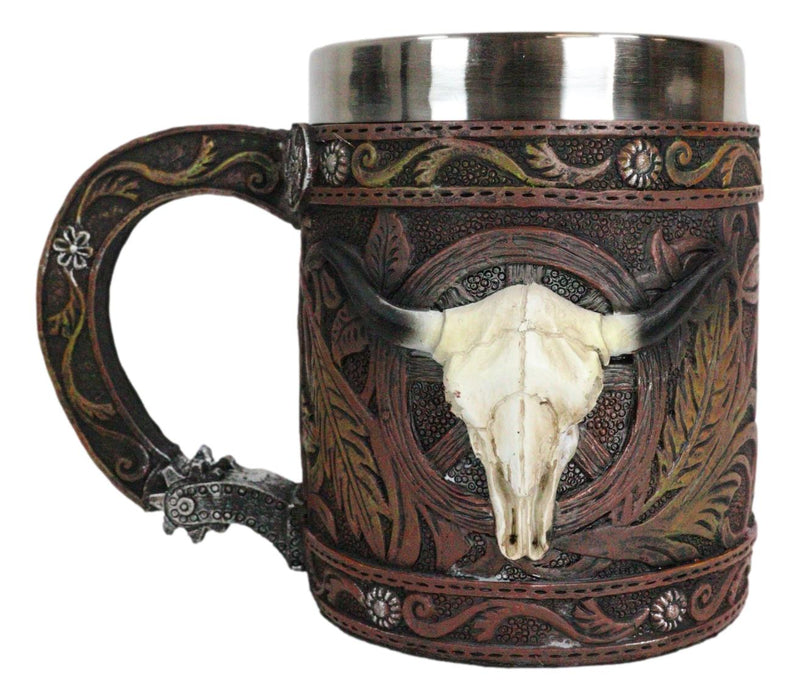 Rustic Western Bull Skull Cow With Dreamcatcher Feathers Faux Tooled Leather Mug