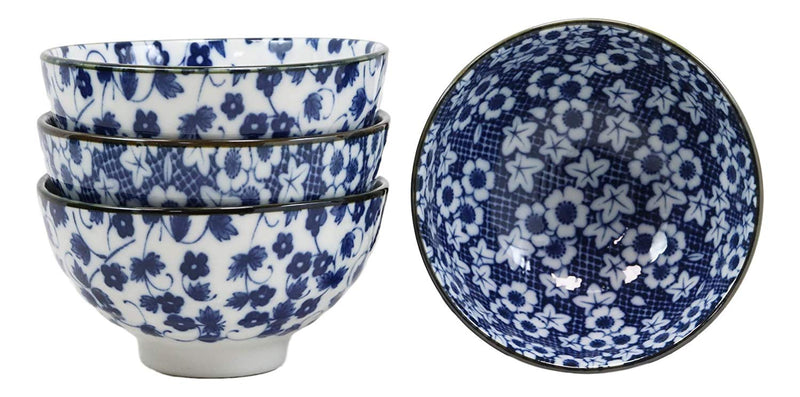 Made In Japan Blue White Floral Rice Soup Cereal Porcelain Bowls 12oz Set of 4