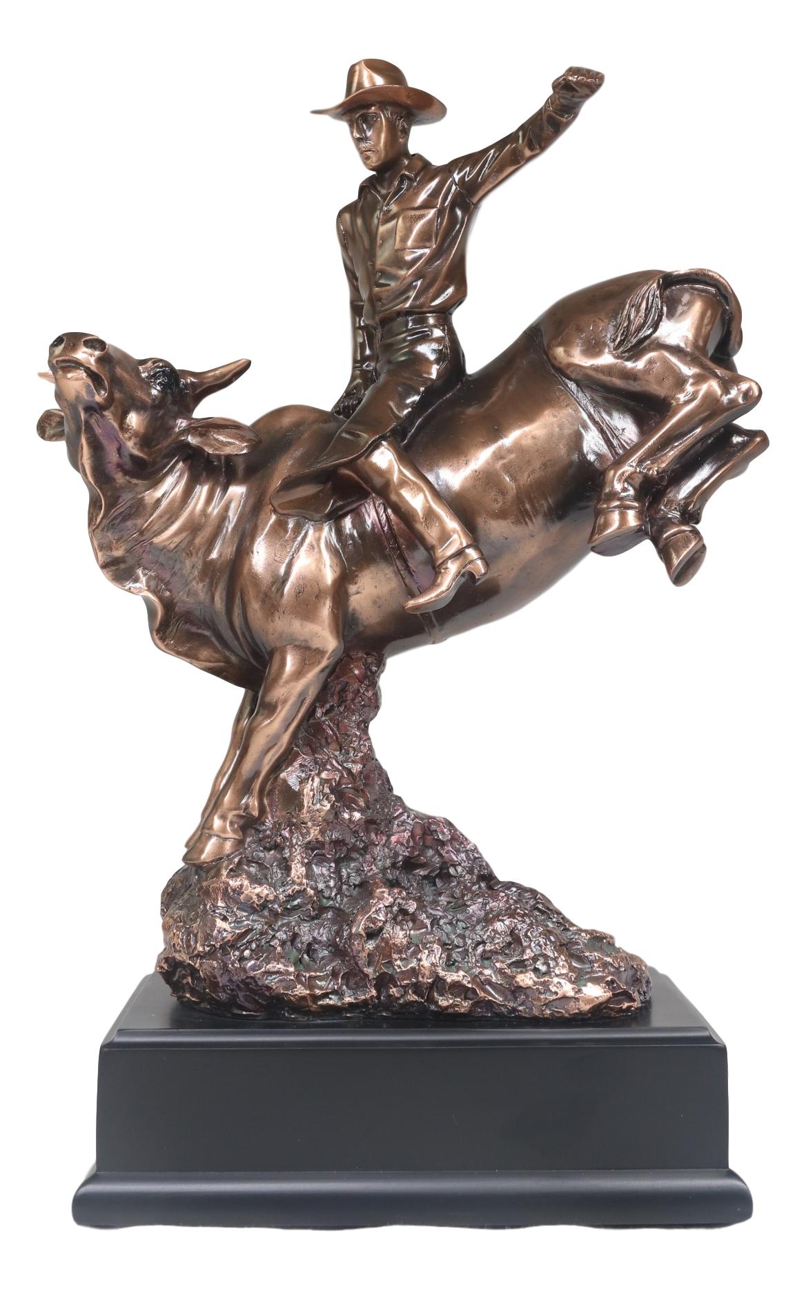 Wild Western Rodeo Cowboy With Bucking Bull Bronze Electroplated Statue - Ebros Gift