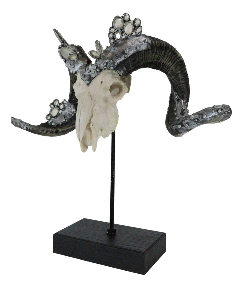Ornate Crystal Gems Silver Bolted Bighorn Sheep Ram Skull Desktop Or Wall Plaque