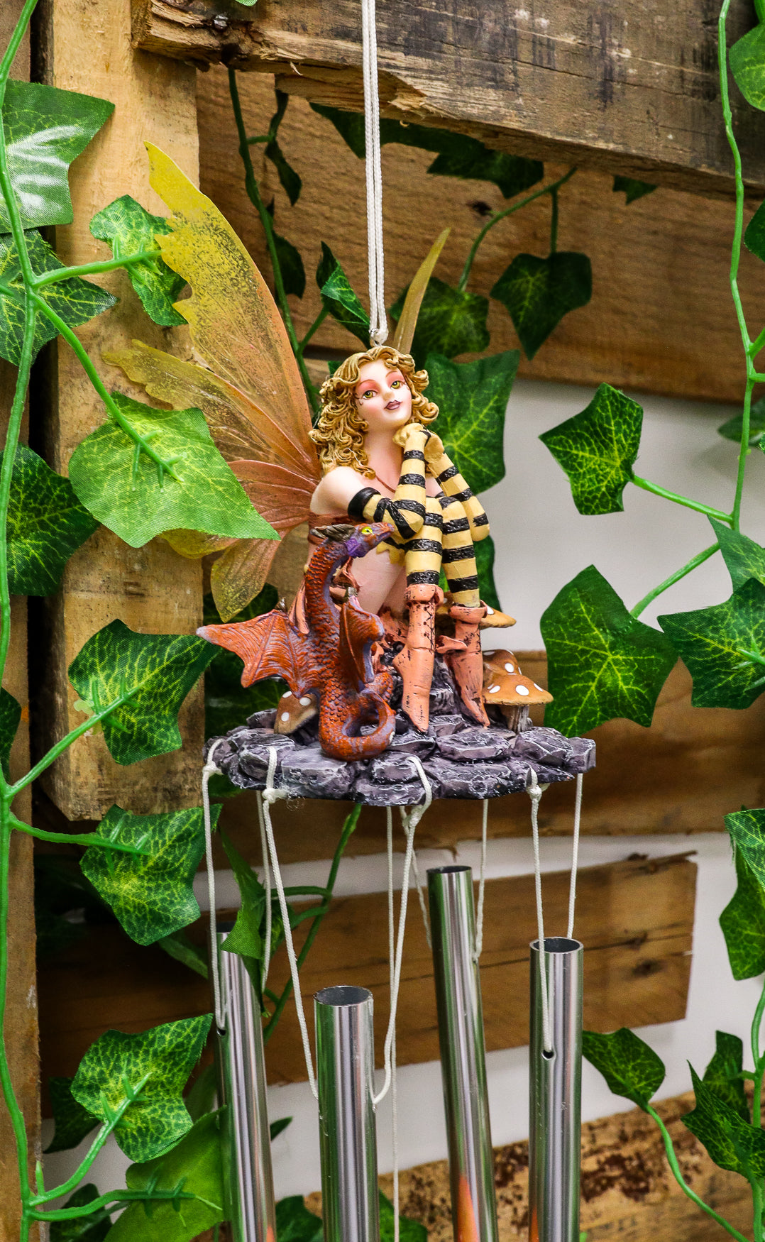 Whimsical Toadstool Mushroom Bumblebee Fairy With Red Dragon Wind Chime 28" Long