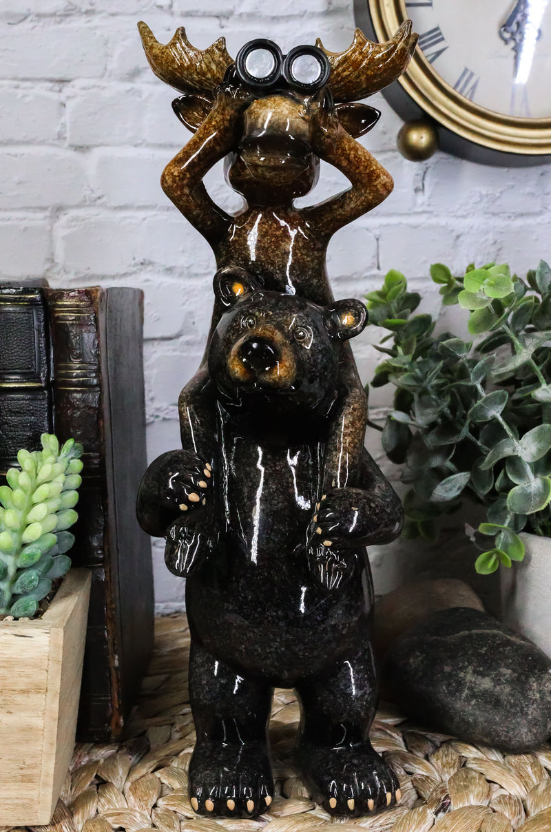 Whimsical Bull Moose Elk Sitting On Black Bear Shoulders W/ Binoculars Figurine