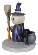 Lucky Skeleton In Witch Costume And Broomstick Standing By Black Cat Figurine