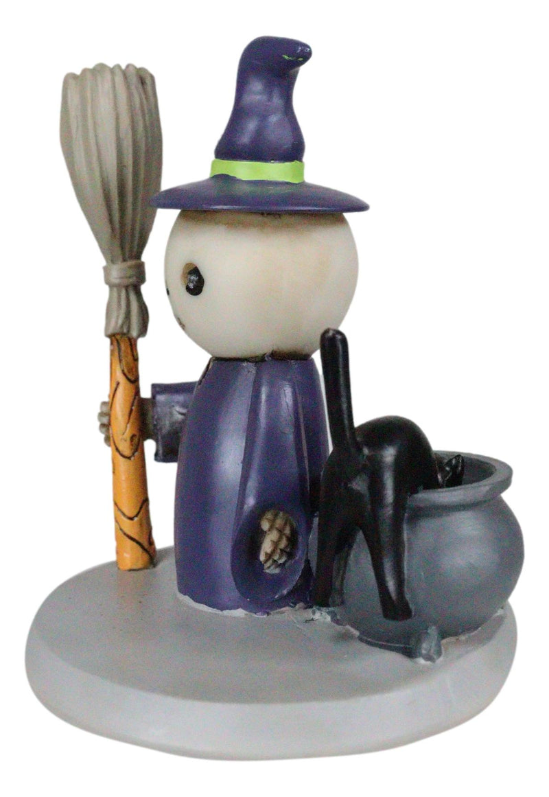 Lucky Skeleton In Witch Costume And Broomstick Standing By Black Cat Figurine