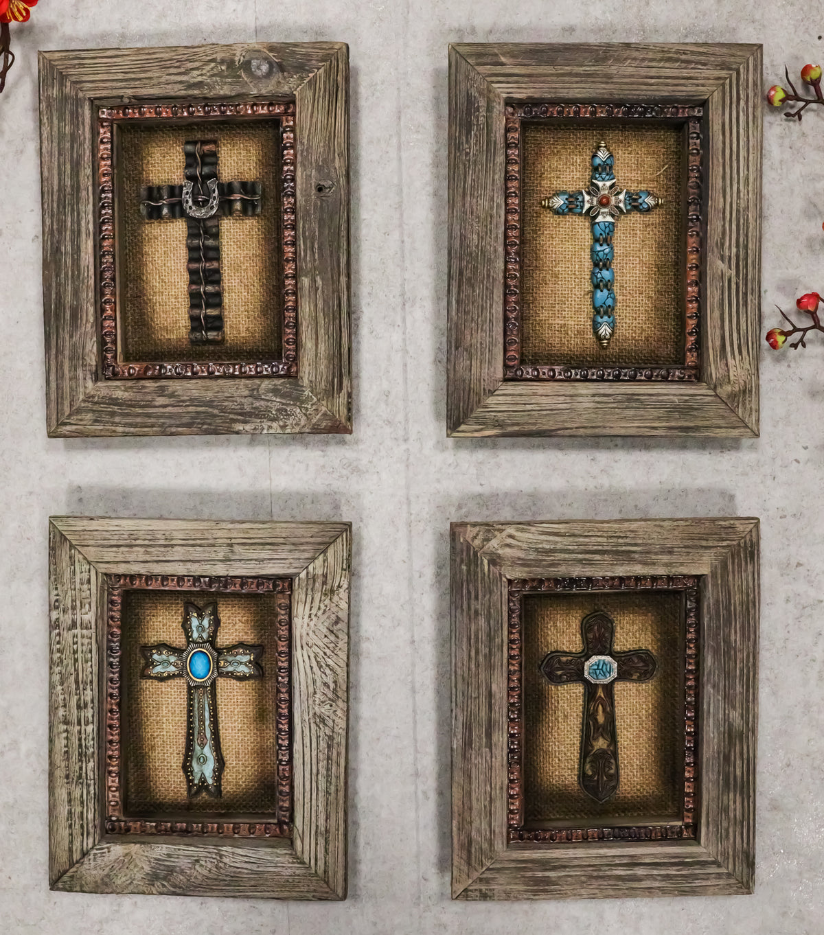 Pack of 4 Rustic Western Turquoise Gems Horseshoe Cross Wood Framed Wall Decors