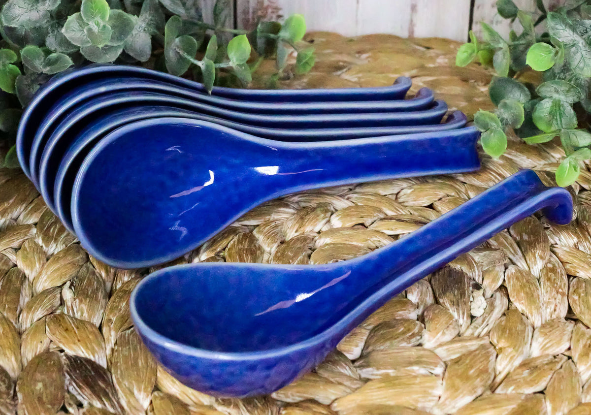 Ebros Japanese Modern Porcelain Soup Spoons With Ladle Hook Pack Of 6 (Blue) - Ebros Gift