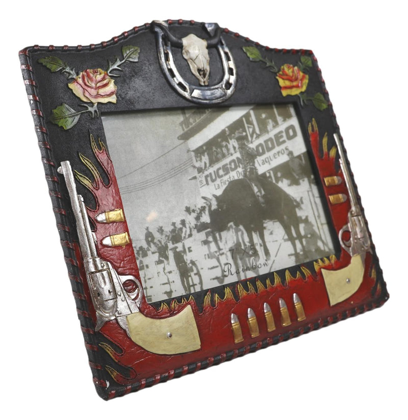 Rustic Western Cowboy Dual Gun Revolvers Horseshoe Cow Skull Photo Frame 5"X7"