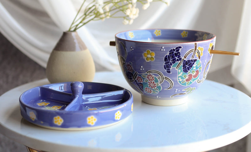 Purple Floral Sky Ramen Bowl With Tempura Divider Condiment Lid Chopsticks Set