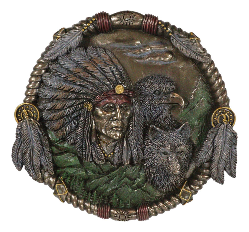 Indian Warrior Stoic Chief Wearing Headdress With Eagle and Wolf Wall Decor