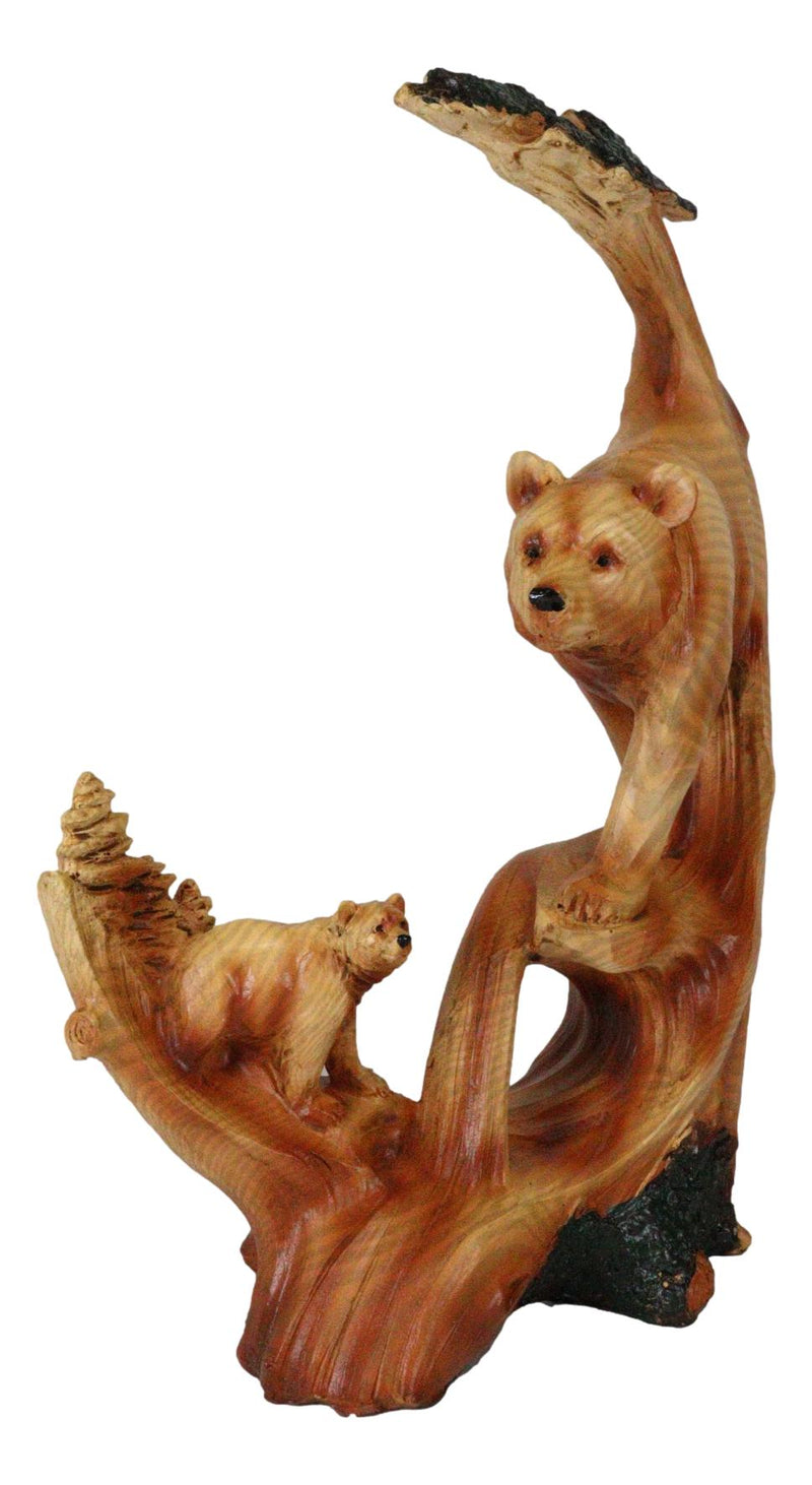 Rustic Faux Wood Forest Scene Grizzly Bear With Cub Hunting Figurine Collectible Sculpture