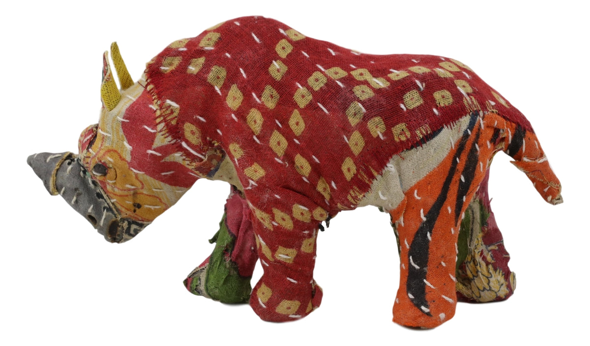 Safari Rhinoceros Hand Crafted Paper Mache In Colorful Sari Fabric Figurine