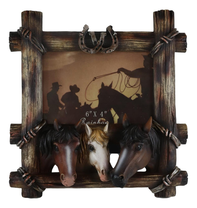 Country Rustic Triple Horses Lucky Horseshoes Faux Barnwood Picture Frame 4"X6"